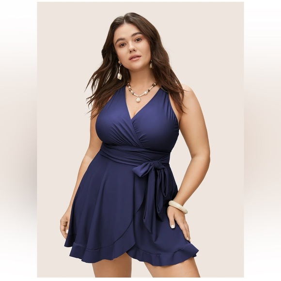 BloomChic Plus Size XL Plain Ties Wrap Flutters Swim Dress - Picture 1 of 5
